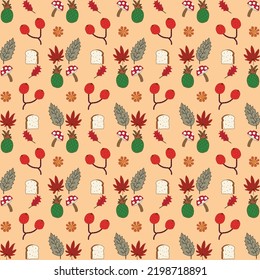 Autumn pattern. Vector. Seamless background with fall leaves, zig zag, polka dot and stripes. Set seasonal geometric wallpapers. Colorful cartoon illustration in flat design.
