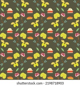 Autumn pattern. Vector. Seamless background with fall leaves, zig zag, polka dot and stripes. Set seasonal geometric wallpapers. Colorful cartoon illustration in flat design.