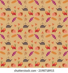 Autumn pattern. Vector. Seamless background with fall leaves, zig zag, polka dot and stripes. Set seasonal geometric wallpapers. Colorful cartoon illustration in flat design.