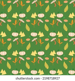 Autumn pattern. Vector. Seamless background with fall leaves, zig zag, polka dot and stripes. Set seasonal geometric wallpapers. Colorful cartoon illustration in flat design.
