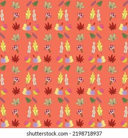 Autumn pattern. Vector. Seamless background with fall leaves, zig zag, polka dot and stripes. Set seasonal geometric wallpapers. Colorful cartoon illustration in flat design.