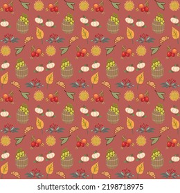 Autumn pattern. Vector. Seamless background with fall leaves, zig zag, polka dot and stripes. Set seasonal geometric wallpapers. Colorful cartoon illustration in flat design.