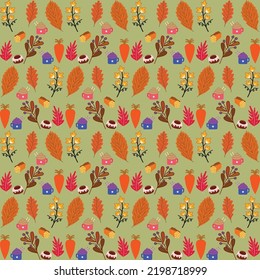 Autumn pattern. Vector. Seamless background with fall leaves, zig zag, polka dot and stripes. Set seasonal geometric wallpapers. Colorful cartoon illustration in flat design.