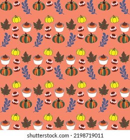 Autumn pattern. Vector. Seamless background with fall leaves, zig zag, polka dot and stripes. Set seasonal geometric wallpapers. Colorful cartoon illustration in flat design.