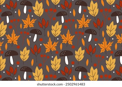 Autumn pattern, vector seamless background with cute leaves, berries and mushrooms, autumn mood and leaf fall in warm colors for printing, textiles and decoration
