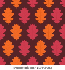 Autumn pattern. Vector. Seamless fall oak leaves on brown background. Season wallpaper. Colorful cartoon illustration in flat design.