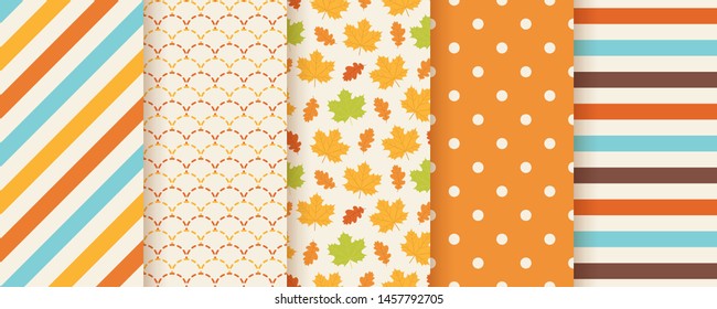 Autumn pattern. Vector. Seamless print with fall leaves, polka dot, stripes and fish scale. Seasonal geometric textures. Colorful cartoon illustration. Cute abstract backgrounds. Orange wallpaper.