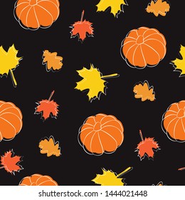 Autumn pattern. Vector seamless autumn season illustration. Pumpkin, leaves. Halloween. Wrapping paper, greeting card, poster, print design