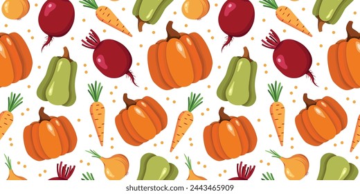 Autumn pattern with vegetables in flat style with pumpkins, carrots, beetroot and polka dots