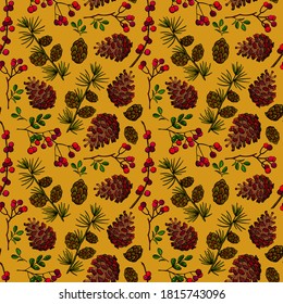 Autumn pattern of viburnum twigs and cones. Endless texture for your design.