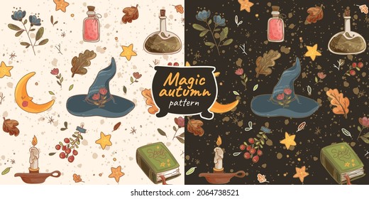 Autumn pattern, wallpaper set with the attributes of a witch. Magical background things. Love potions, witch's hat, spellbook, moon and stars, magic plants