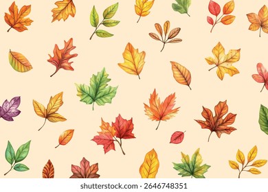 Autumn pattern with watercolor leaves. Colorful autumn diverse watercolor foxes. Autumn background. Concept of autumn, fall, etc. Elements of backgrounds for Thanksgiving. Vector illustration.