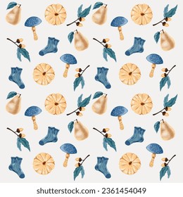 Autumn pattern in watercolour style. Pear, pumpkin, socks, amanita and acorn . Wrapping paper, fabric design