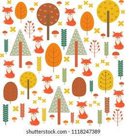 Autumn pattern, woodland Scandinavian design, with red foxes, plants, trees, mushrooms, leaves. Yellow, brown, orange warm fall colors. Kids background, textile fabric print, scrapbook paper.