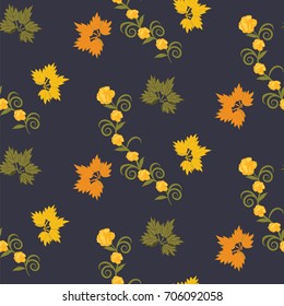Autumn pattern - yellow rose on a branch and maple leaves - art creative vector