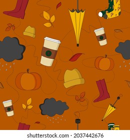 autumn pattern with yellow umbrella  rain cloud hat pumpkin latte socks pizza leafs women boots gray cloud