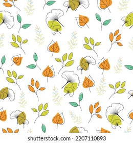 Autumn Patterned Background. Fall Leaves Line Art With Colorful Seamless Pattern