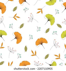 Autumn Patterned Background. Fall Leaves Line Art With Colorful Seamless Patterns.