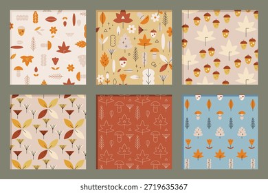 Herbstmuster mit Blättern, Eicheln und Blumen. Warme Farben, Herbstblätter und Eicheln sorgen für eine gemütliche Herbststimmung. Perfekt für saisonale Designs. Herbst Herbst Design Muster Elemente Vektor-Set.