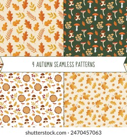 Conjunto de 4 patrones sin fisuras de otoño con hojas, hongos, bayas y bellotas. Diseño de Vector para envolver papel, textil, scrapbooking estampados