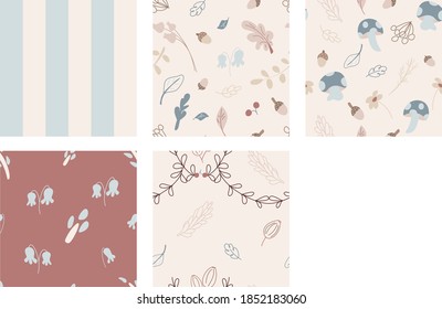 Autumn patterns of pastel colors flowers, leaves, mushrooms, acorns and decorative sprigs on a cream and burgundy background and stripes.