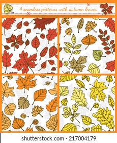 Autumn patterns. Set of 4 seamless patterns with various autumn leaves.