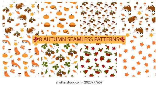 Autumn patterns set. Seamless background with autumn elements, hedgehog, leaves, pumpkin, acorns, mushrooms, mountain ash, berries. Vector illustration cartoon style.