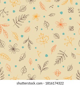 Autumn patterns with small leaves and kind animals on the background for children's fabrics