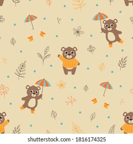 Autumn patterns with small leaves and kind animals on the background for children's fabrics