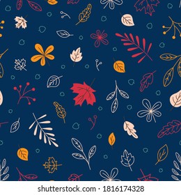 Autumn patterns with small leaves and kind animals on the background for children's fabrics