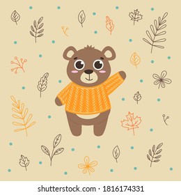 Autumn patterns with small leaves and kind animals on the background for children's fabrics
