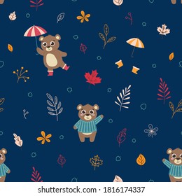 Autumn patterns with small leaves and kind animals on the background for children's fabrics