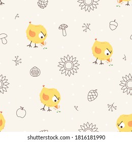 Autumn patterns with small mushrooms, cones, nuts, berries, sunflowers, kind animals on the background for children's fabric
