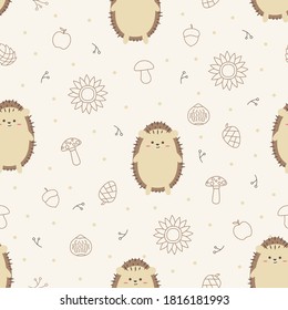 Autumn patterns with small mushrooms, cones, nuts, berries, sunflowers, kind animals on the background for children's fabric