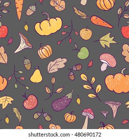 ?artoon autumn pattern.Vector seamless background with leaves and vegetables.Perfect for printing