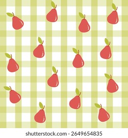 Autumn Pear Gingham Charm. Seamless pattern with red pears on green plaid