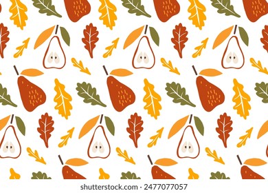 Autumn Pears seamless pattern. Pear fruit and falling leaves on white background. Vector Fall, Autumn, Thanksgiving Repeated background for textile, fabric, paper, wallpaper, packaging. Autumn print.