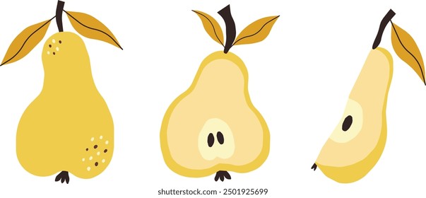 Autumn pears set. Sliced yellow pear fruits.