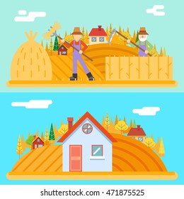 Autumn peasant harvestman harvest Icon Village Hills Field Landscape Background Flat Design Vector Illustration