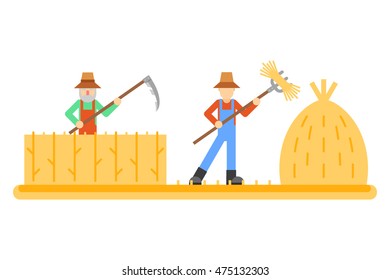 Autumn peasant harvestman harvest Icon Village Hills Field Landscape Background Flat Design Vector Illustration