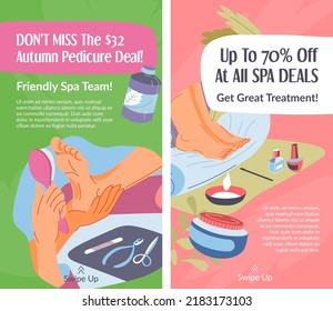 Autumn pedicure deal, do not miss opportunity to get service with discounted price. Treatment for feet, cosmetology and dermatology. Promotional banner, advertisement poster. Vector in flat style