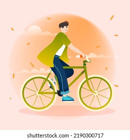Autumn people exercise and walk outdoors with trees and grass in the background, vector illustration