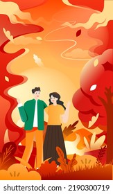 Autumn people exercise and walk outdoors with trees and grass in the background, vector illustration