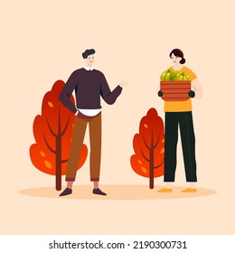 Autumn people exercise and walk outdoors with trees and grass in the background, vector illustration