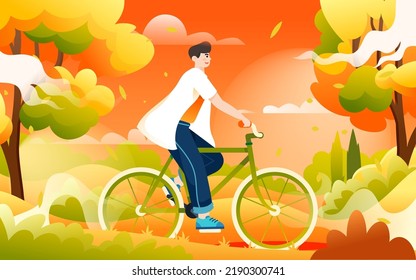 Autumn people exercise and walk outdoors with trees and grass in the background, vector illustration