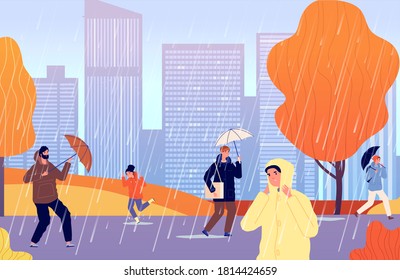 Autumn People On Rain. Person With Umbrella, Girl Walk Raining City Street. Man Wear Raincoat, Cold Stormwater Season Vector Illustration