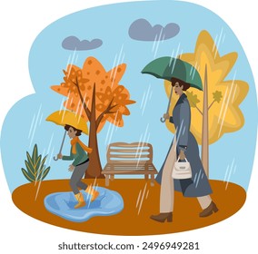 Autumn people park. People walking in an autumn park in the rain. Characters little boy and mother are walking in the rain. A boy jumps cheerfully through puddles. 