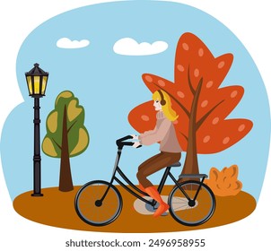 Autumn people park. A woman in a warm sweater rides a bicycle in an autumn park. Trees with yellow leaves and a lantern. Autumn walks in the forest. Autumn vacation.