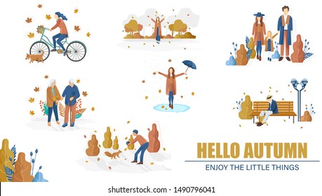 Herbstliche Leute setzen Sammlung Vector flach Stil. Frau auf dem Fahrrad, Ehepaar und Familienwanderung