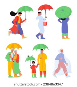 Autumn people walks set. Men and women with colorful umbrellas. Storm and rain in fall season. Windy and wet weather. Cartoon flat vector collection isolated on white background